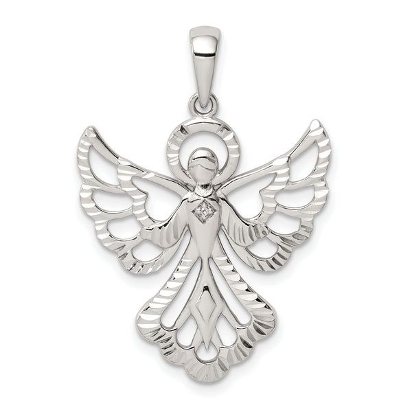 Carat in Karats Sterling Silver Polished Finish Diamond Diamond-Cut Angel Charm Pendant (31.8mm x 22.11mm)