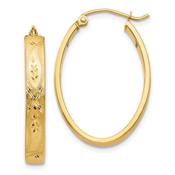 Carat in Karats 14K Yellow Gold Satin Diamond-Cut Oval Hoop Earrings (19mm x 20mm)