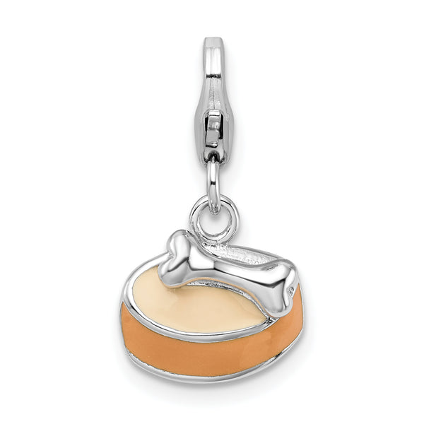 Carat in Karats Sterling Silver Polished Rhodium-Plated 3-D Enameled Dog Bowl With Bone With Fancy Lobster Clasp Charm Pendant (0.47 Inch x 0.47 Inch)