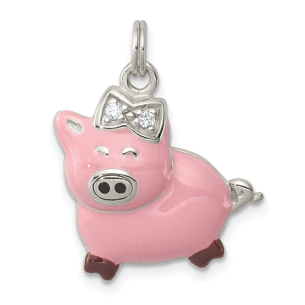 Carat in Karats Sterling Silver Polished Cubic Zirconia Pink Enameled Pig Charm Pendant (0.86 Inch x 0.7 Inch)