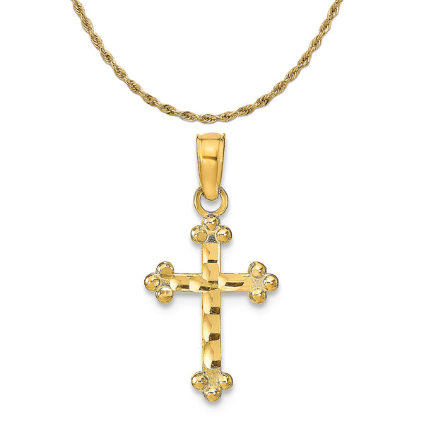 14K Yellow Gold Diamond-Cut Cross Pendant With 10K Yellow Gold Lightweight Rope Chain 16"