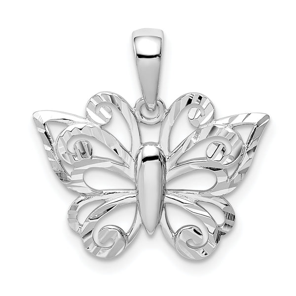 Carat in Karats Sterling Silver Polished Finish Rhodium-Plated Diamond-Cut Butterfly Charm Pendant (15mm x 21.04mm)