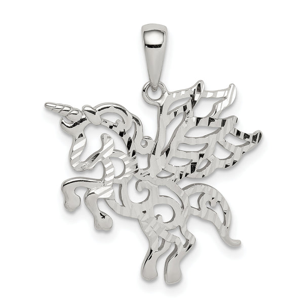 Quilate en quilates Colgante de dije de unicornio de corte de diamante con acabado pulido de plata de ley (22,75 mm x 26,46 mm)