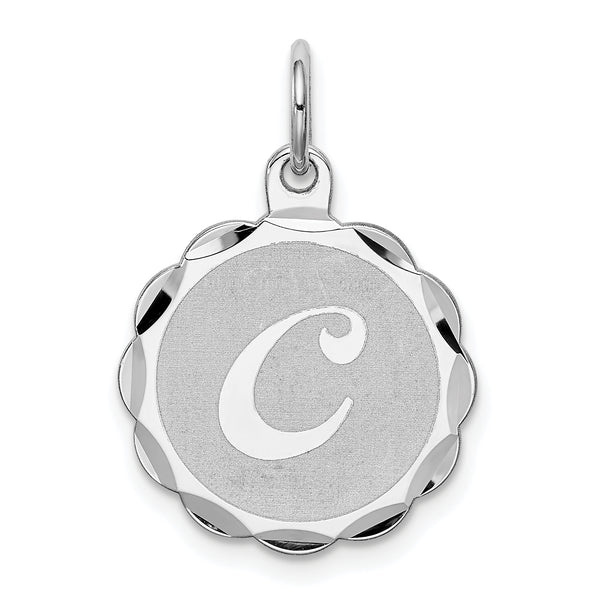 Carat in Karats Sterling Silver Rhodium-Plated Brocaded Letter C Initial Charm Pendant (0.86 Inch x 0.62 Inch)