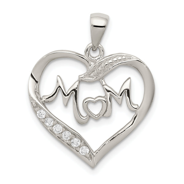 Quilate en quilates de plata de ley pulida Mom Cubic Zirconia Heart Charm Pendant (0.82 pulgadas x 0.82 pulgadas)