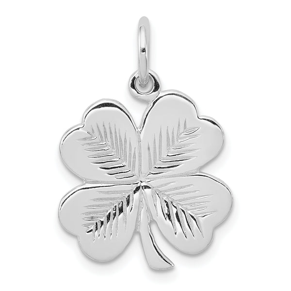 Carat in Karats Sterling Silver Polished Finish Rhodium-Plated And Textured 4 Leaf Clover Charm Pendant (17 mm x 17 mm)