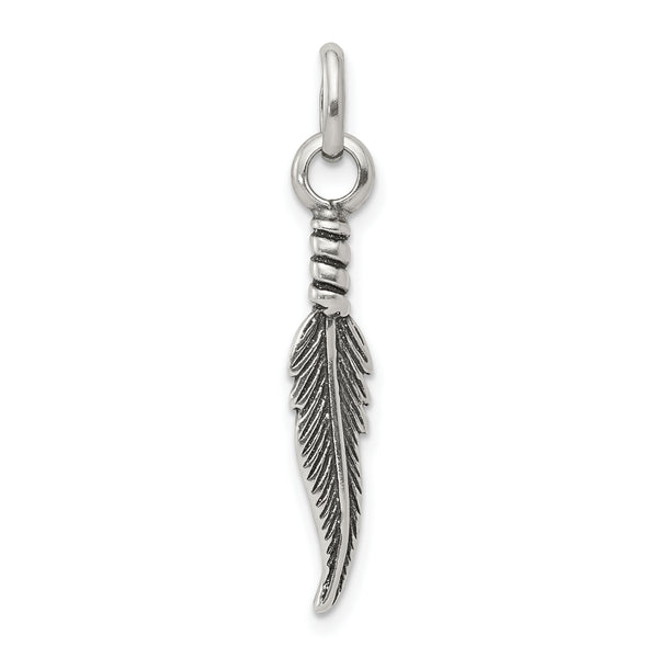 Carat in Karats Sterling Silver Antiqued Feather Charm Pendant (30mm x 5mm)