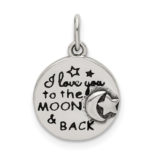 Carat in Karats Sterling Silver Antiqued Enamel Love You To The Moon Back Charm Pendant (14.5 mm x 12.37 mm)