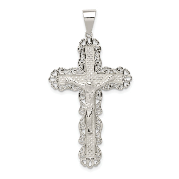 Carat in Karats Sterling Silver Polished Filigree Cross Crucifix Charm Pendant (2.11 Inch x 1.06 Inch)