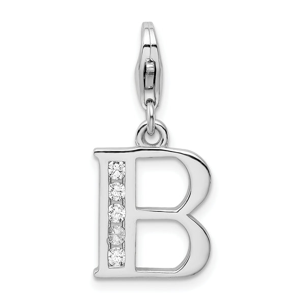 Carat in Karats Sterling Silver Polished Rhodium-Plated Cubic Zirconia Letter B Initial With Fancy Lobster Clasp Charm Pendant (1.29 Inch x 0.47 Inch)