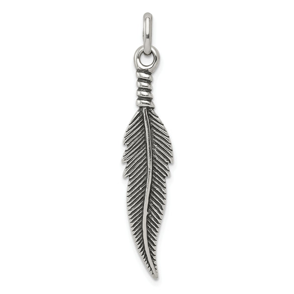 Sterling Silver 3D Antiqued Feather Pendant (1.65 Inches x Inches 0.35)