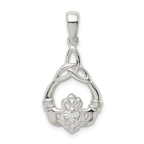 Quilate en quilates de plata de ley con acabado pulido CZ Claddagh con colgante de nudo Trinity (22,28 mm x 13,4 mm)