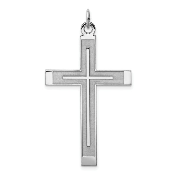 Carat in Karats Sterling Silver Polished Rhodium-Plated Satin Laser Designed Cross Charm Pendant (1.73 Inch x 0.94 Inch)