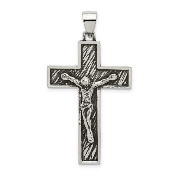 Carat in Karats Sterling Silver Polished Finish Antiqued Large Box Cross Crucifix Charm Pendant (44.75 mm x 24.50 mm)