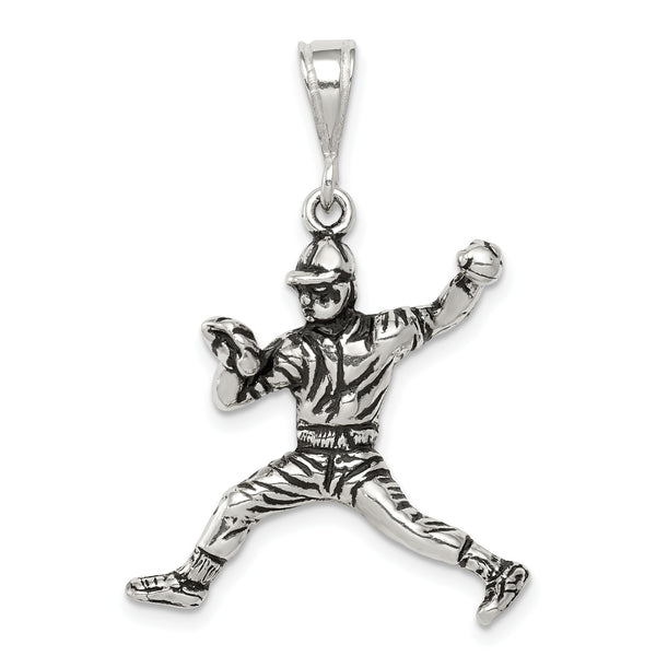 Carat in Karats Sterling Silver Antiqued Baseball Player Charm Pendant (35mm x 23mm)