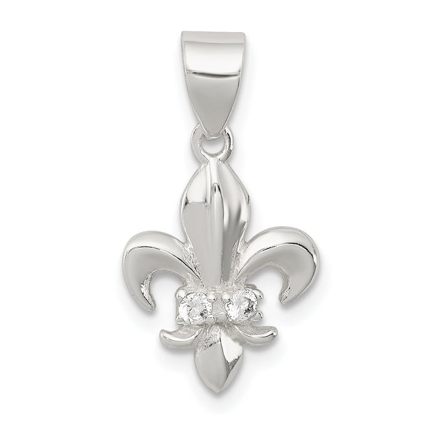 Carat in Karats Sterling Silver Polished Finish CZ Fleur De Lis Charm Pendant (21mm x 12mm)