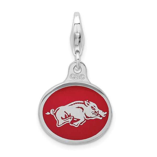 Carat in Karats Sterling Silver Polished Finish Enameled University Of Arkansas Charm With Fancy Lobster Clasp Pendant (18mm x 16mm)