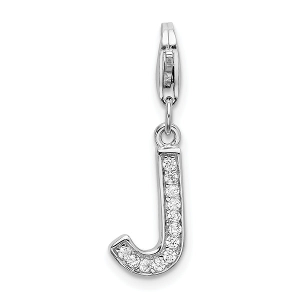 Carat in Karats Sterling Silver Polished Finish Rhodium-Plated CZ Letter J Initial Charm With Fancy Lobster Clasp Pendant (11mm x 8mm)