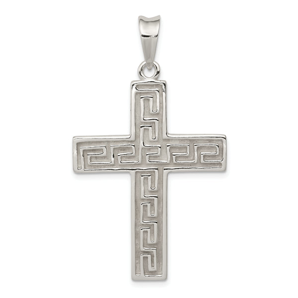 Carat in Karats Sterling Silver Polished Textured Greek Key Cross Charm Pendant (1.88 Inch x 1.1 Inch)