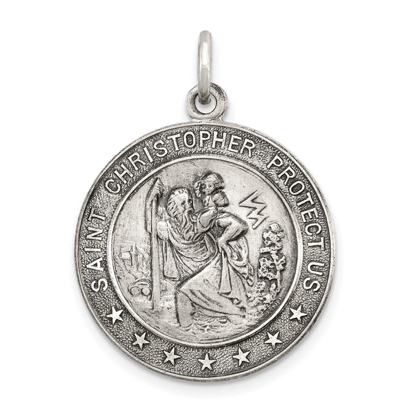 Carat in Karats Sterling Silver Antiqued Antique St. Christopher Medal Pendant (31mm x 21mm)