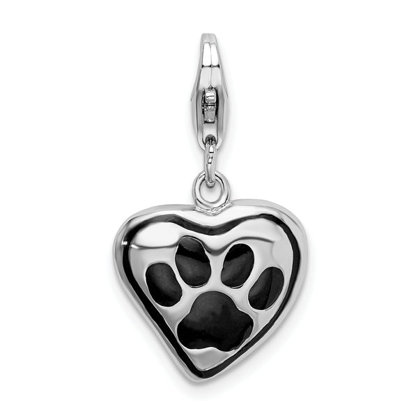 Carat in Karats Sterling Silver Polished Rhodium-Plated Enameled Heart With Dog Paw Print Charm Pendant (0.74 Inch x 0.66 Inch)