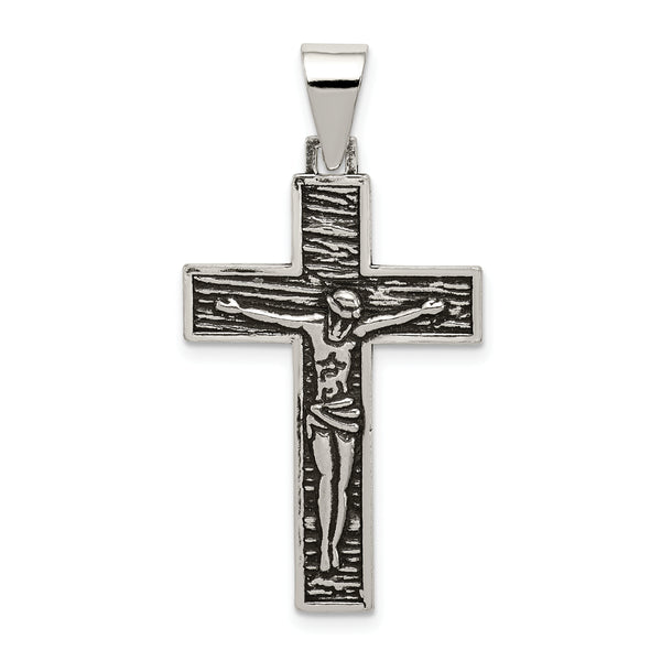 Carat in Karats Sterling Silver Polished Finish Antiqued Textured Crucifix Charm Pendant (36.75 mm x 19.25 mm)