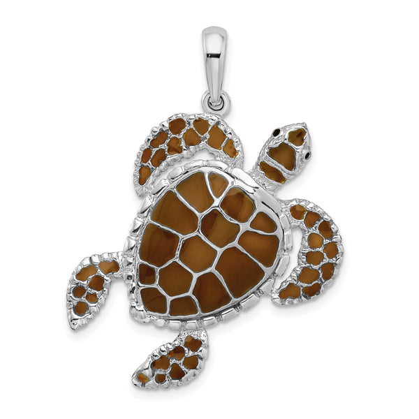 Quilate en quilates Plata esterlina Acabado pulido Esmaltado Marrón Tortuga de mar Colgante con colgante (37 mm x 30 mm)