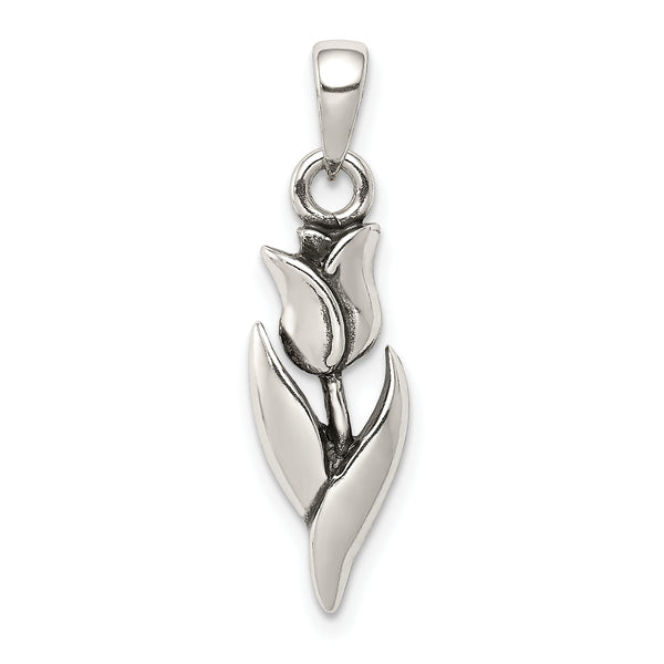 Carat in Karats Sterling Silver Antiqued Tulip Charm Pendant (1.1 Inch x 0.31 Inch)