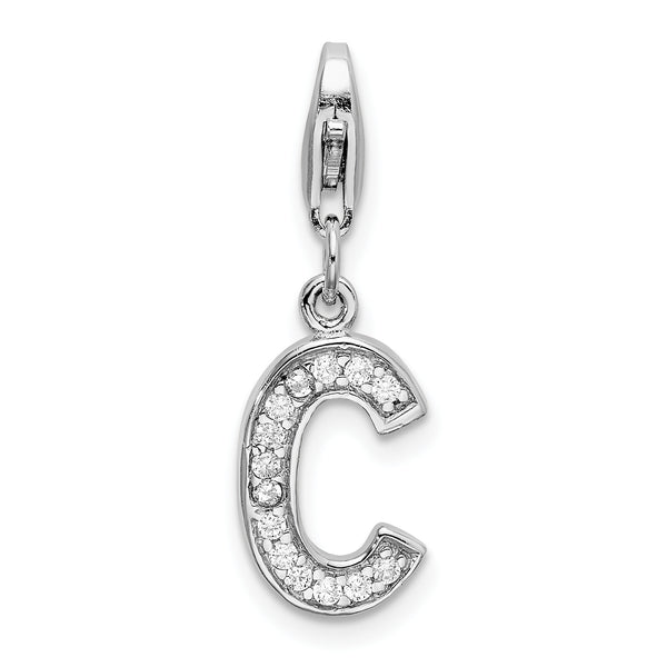 Carat in Karats Sterling Silver Polished Finish Rhodium-Plated CZ Letter C Initial Charm With Fancy Lobster Clasp Pendant (33mm x 8mm)