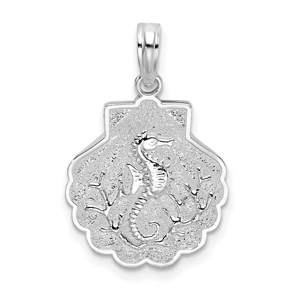 Carat in Karats Sterling Silver Polished Finish And Textured Shell With Sea Horse Charm Pendant (23.02mm)