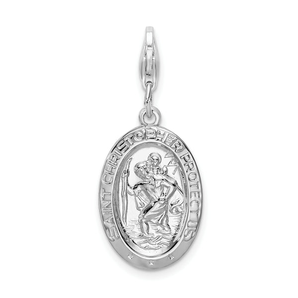 Carat in Karats Sterling Silver Polished Finish Rhodium-Plated Saint Christopher Medal Charm With Fancy Lobster Clasp Pendant (41mm x 13mm)