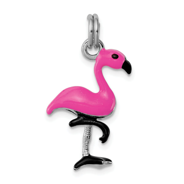 Carat in Karats Sterling Silver Polished Finish Rhodium-Plated Enamel Flamingo Charm Pendant (27mm x 15mm)