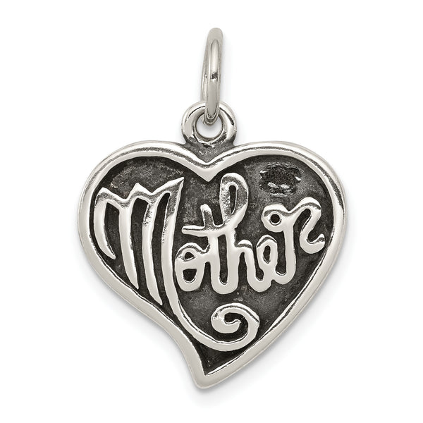 Carat in Karats Sterling Silver Antique Mother Heart Charm Pendant (0.9 Inch x 0.74 Inch)