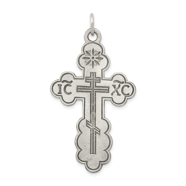 Carat in Karats Sterling Silver Polished Finish Eastern Orthodox Cross Charm Pendant (45mm x 26mm)