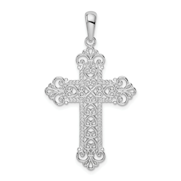 Carat in Karats Sterling Silver Polished Finish Polish Filigree Rope Edge Fleur De Lis Cross Charm Pendant (32.6 mm x 23.8 mm)