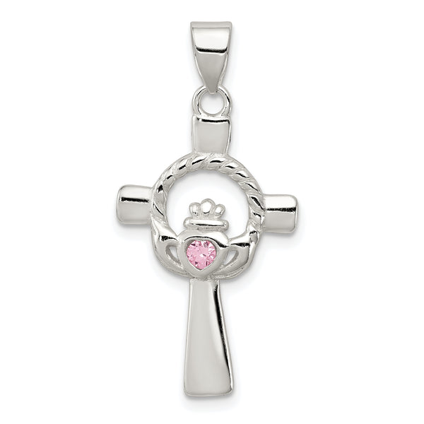 Carat in Karats Sterling Silver Pink CZ Claddagh Cross Charm Pendant (30mm x 15mm)