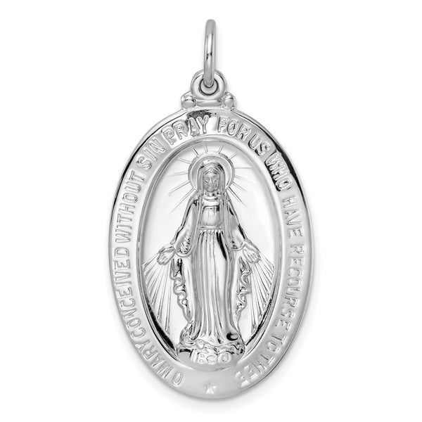 Carat in Karats Sterling Silver Polished Finish Rhodium-Plated Solid Miraculous Medal Charm Pendant (38.45mm x 20.15mm)