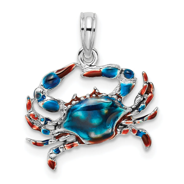 Carat in Karats Sterling Silver Polished Enameled Blue Crab Charm Pendant (0.78 Inch x 0.64 Inch)