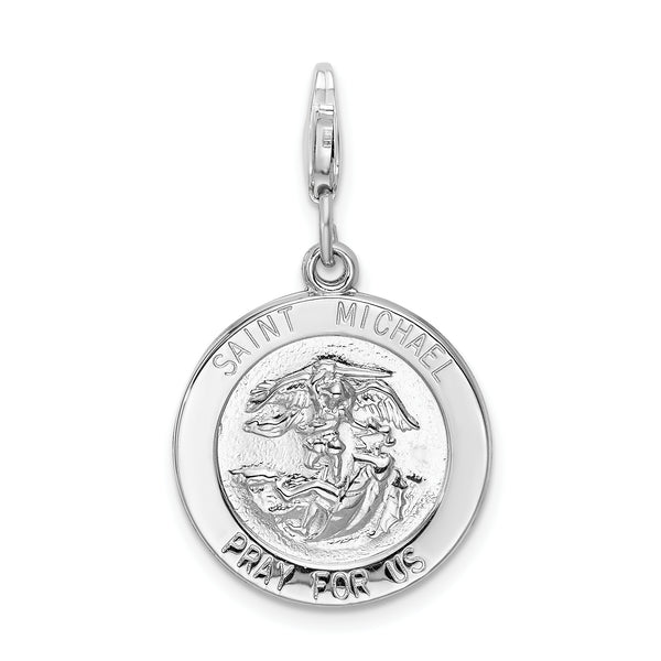 Carat in Karats Sterling Silver Polished Rhodium-Plated Saint Michael Medal With Fancy Lobster Clasp Charm Pendant (1.57 Inch x 0.7 Inch)