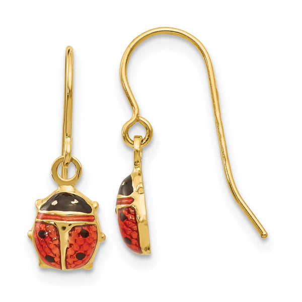 Carat in Karats 14K Yellow Gold Enameled Ladybug Dangle Earrings (19mm x 7mm)