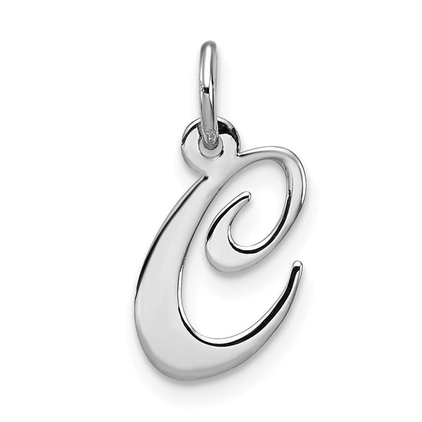 Carat in Karats Sterling Silver Rhodium-Plated Fancy Script Letter C Initial Charm Pendant (0.62 Inch x 0.39 Inch)