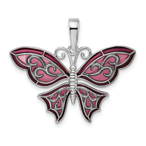 Carat in Karats Sterling Silver Polished Enameled Purple Butterfly Charm Pendant (19.2 mm x 28.5 mm)