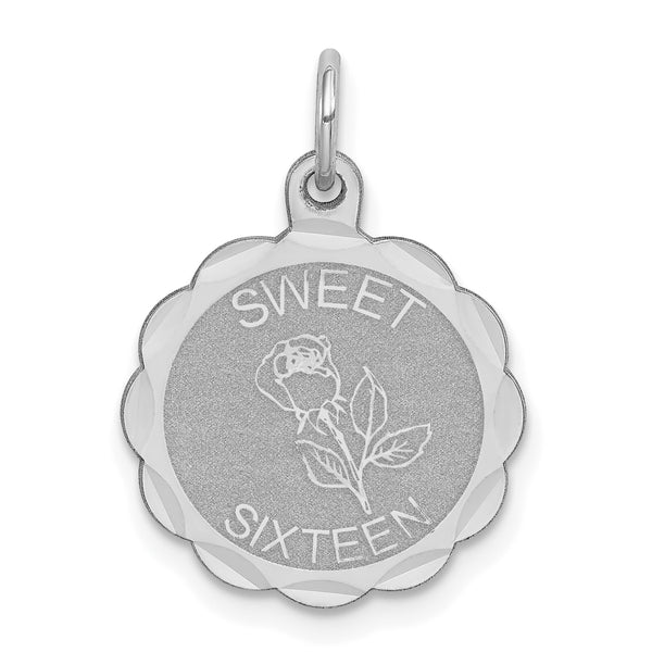 Carat in Karats Sterling Silver Polished Rhodium-Plated Sweet Sixteen Disc Charm Pendant (0.9 Inch x 0.62 Inch)