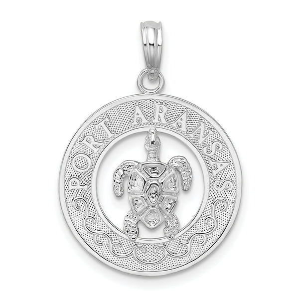 Carat in Karats Sterling Silver Polished Finish Port Aransas Circle With Turtle Charm Pendant (26.22mm)