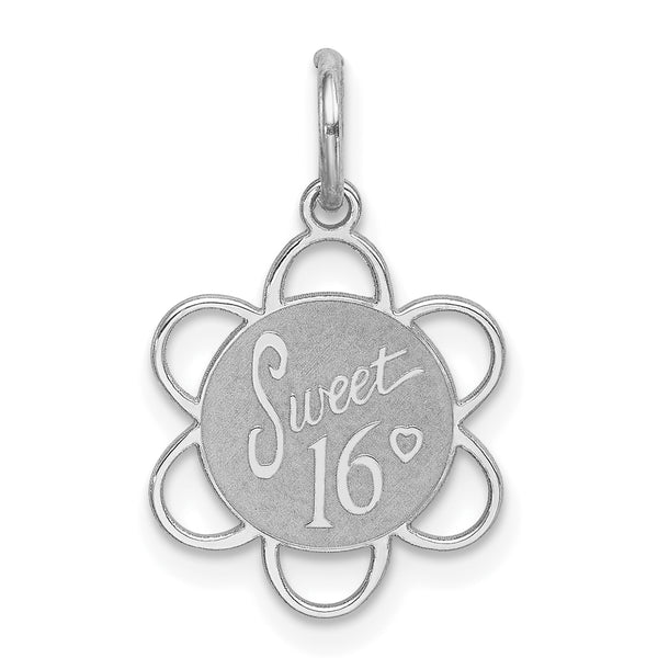 Carat in Karats Sterling Silver Polished Finish Rhodium-Plated Sweet Sixteen Disc Charm Pendant (21mm x 18mm)