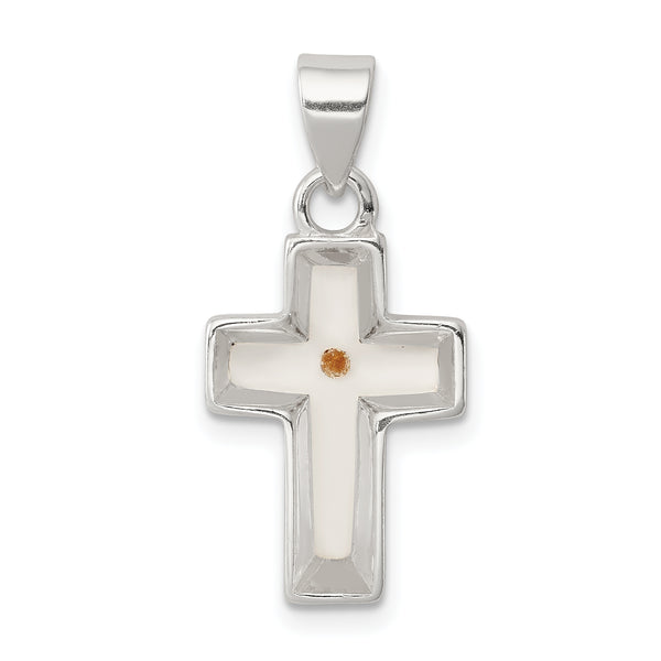 Carat in Karats Sterling Silver Polished Enameled with Mustard Seed Cross Charm Pendant (0.98 Inch x 0.47 Inch)