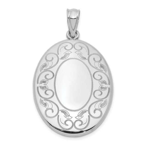 Carat in Karats Sterling Silver Polished Finish Rhodium-Plated Scroll Border Oval Open Locket Pendant (34.25mm x 20.2mm)