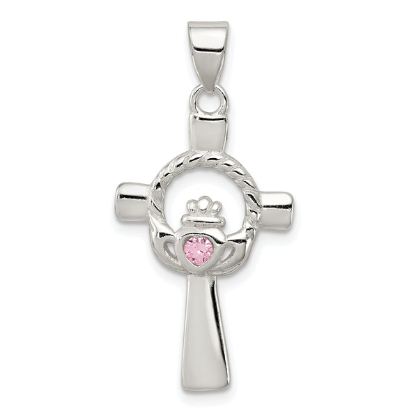 Quilate en quilates Plata de ley Rosa CZ Claddagh Cruz Colgante (1.18 pulgadas x pulgadas 0.59)