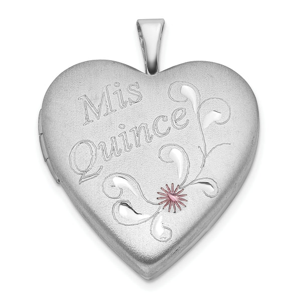 Quilate en quilates Colgante de medallón de corazón Mis Quince esmaltado de corte de diamante satinado con acabado pulido de plata de ley (25,1 mm x 19,5 mm)