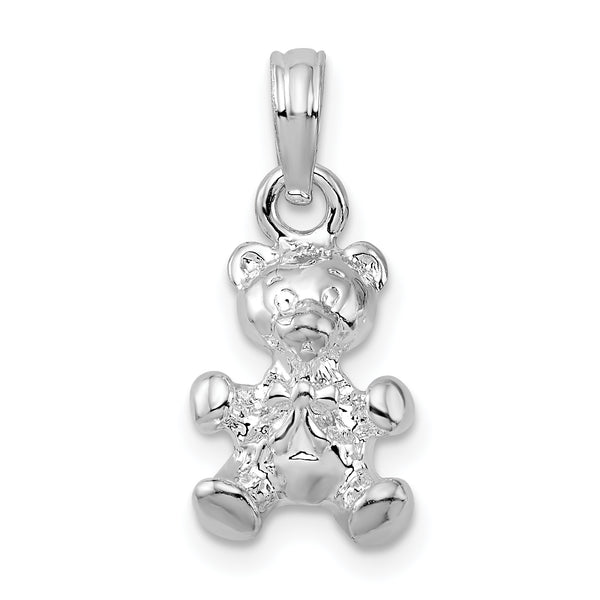 Carat in Karats Sterling Silver Polished Finish 3D Teddy Bear With Bow Tie Charm Pendant (12 mm)